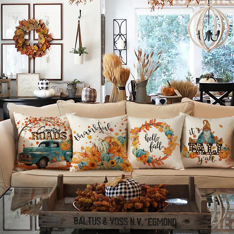 Textiles Hub Fall Decor Pillow Covers 16X16 Set Of 4 Thanksgiving Decorations Blue And Orange Pumpkins Outdoor Fall Farmhouse Decorative Throw Pillow Covers Autumn Harvest Cushion Case For Couch Sofa ...